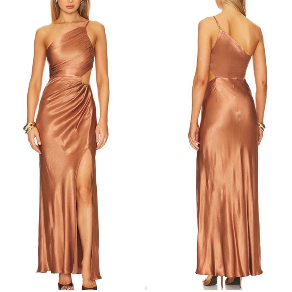 Shona Joy x Free People LA Lune Asymmetrical Bronze Satin Maxi Dress - Picture 2 of 3